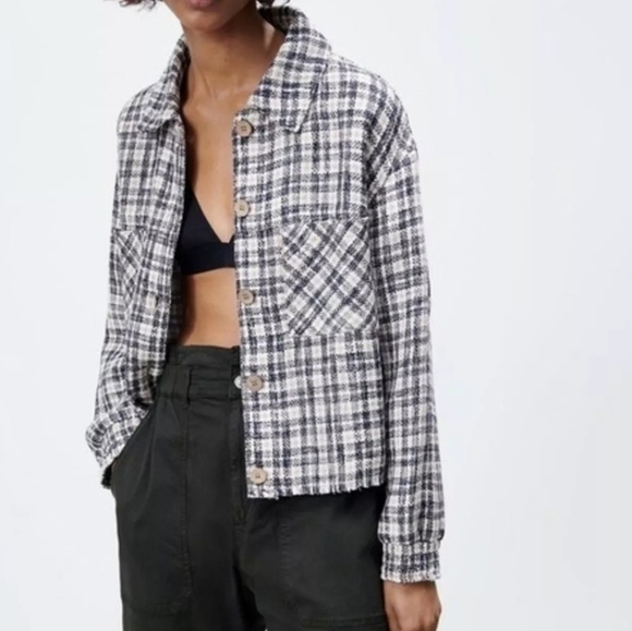 ZARA New Black White Tweed Fringe Trim Oversized Button Front Shacket Size XS - Picture 3 of 14